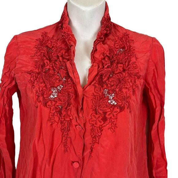 JADE LANTERN Pure Silk Vintage Red Button Up Shirt Top Embroidered Whimsigoth 6 - Picture 2 of 16